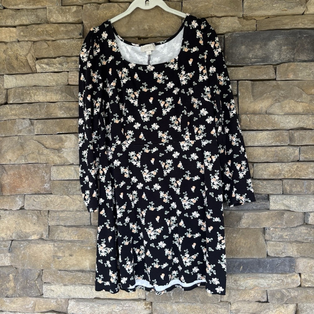 Loft Floral Tunic Shift Dress Boho‎ Peasant Knee Length Long Sleeve Size L Black